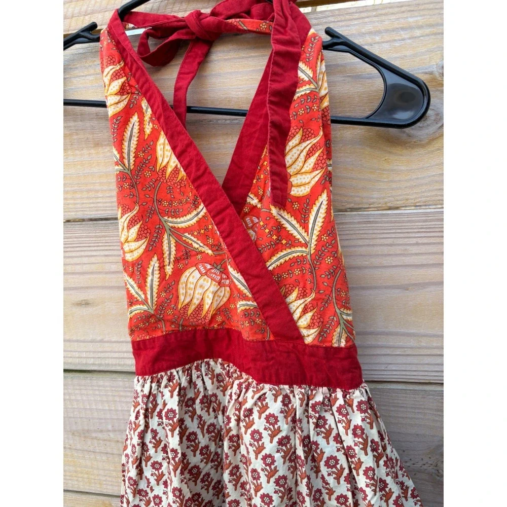 Two's Company Floral homemade Print Halter Apron Red Orange Cotton Ruffle Hem